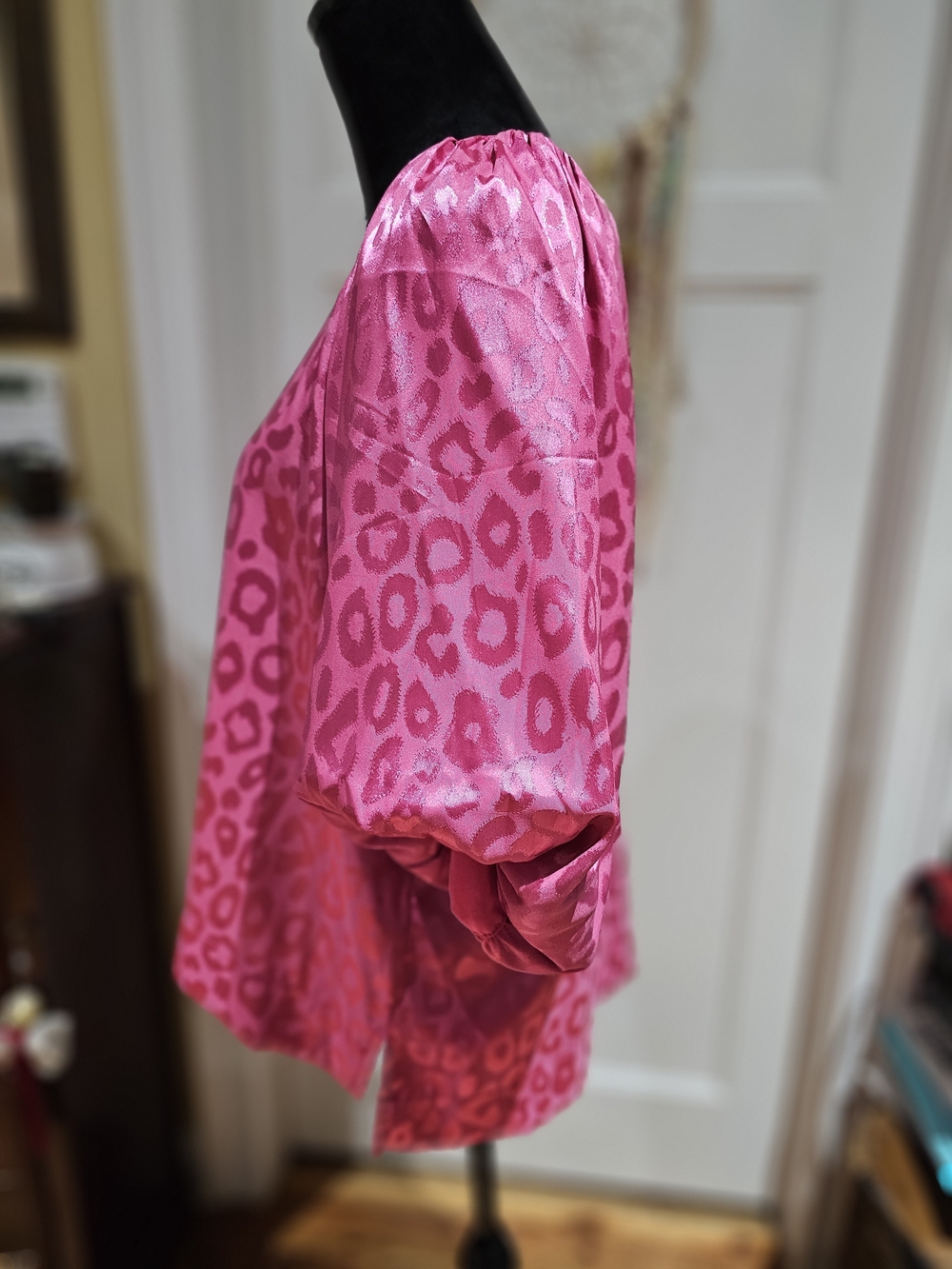Umgee Hot Pink Leopard Satin Blouse - Picture 2 of 10